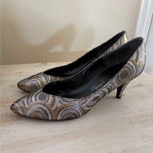 Vintage 1970’s Diane Von Furstenberg Gold & Silver Jacquard Kitten Heels 7.5 8
